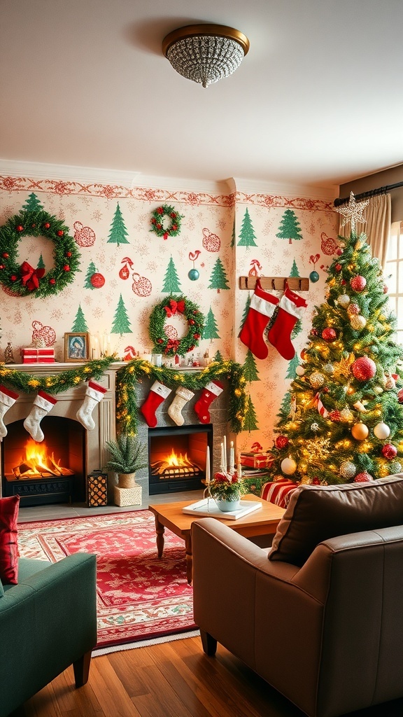 Living room with cheerful Christmas wallpaper, holiday decorations, and a decorated Christmas tree.
